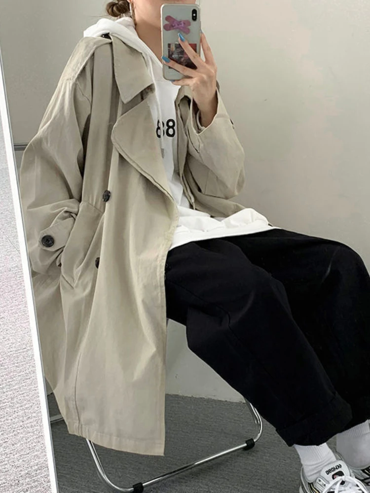 

2022 New Windbreaker Women's Spring Autumn Mid-length Khaki Coat Korean Fashion High Street Trench Coat Women Streetwear