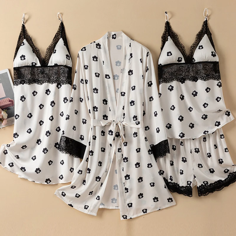 

Summer Female Pajamas Four Piece Suit Sexy Print Flower Lace Sleepwear Bathrobe Gown Loose Casual Silk Rayon Home Wear Pijamas