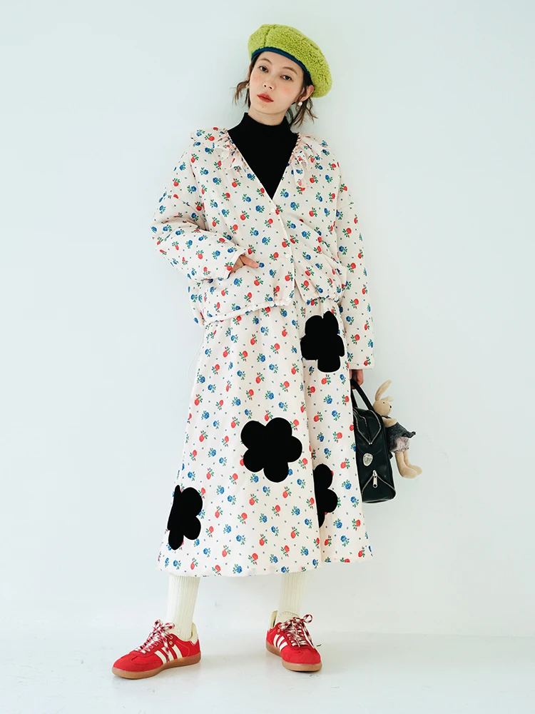 imakokoni original design autumn and winter thick warm coat floral long sleeve V-neck cotton-padded jacket top for women