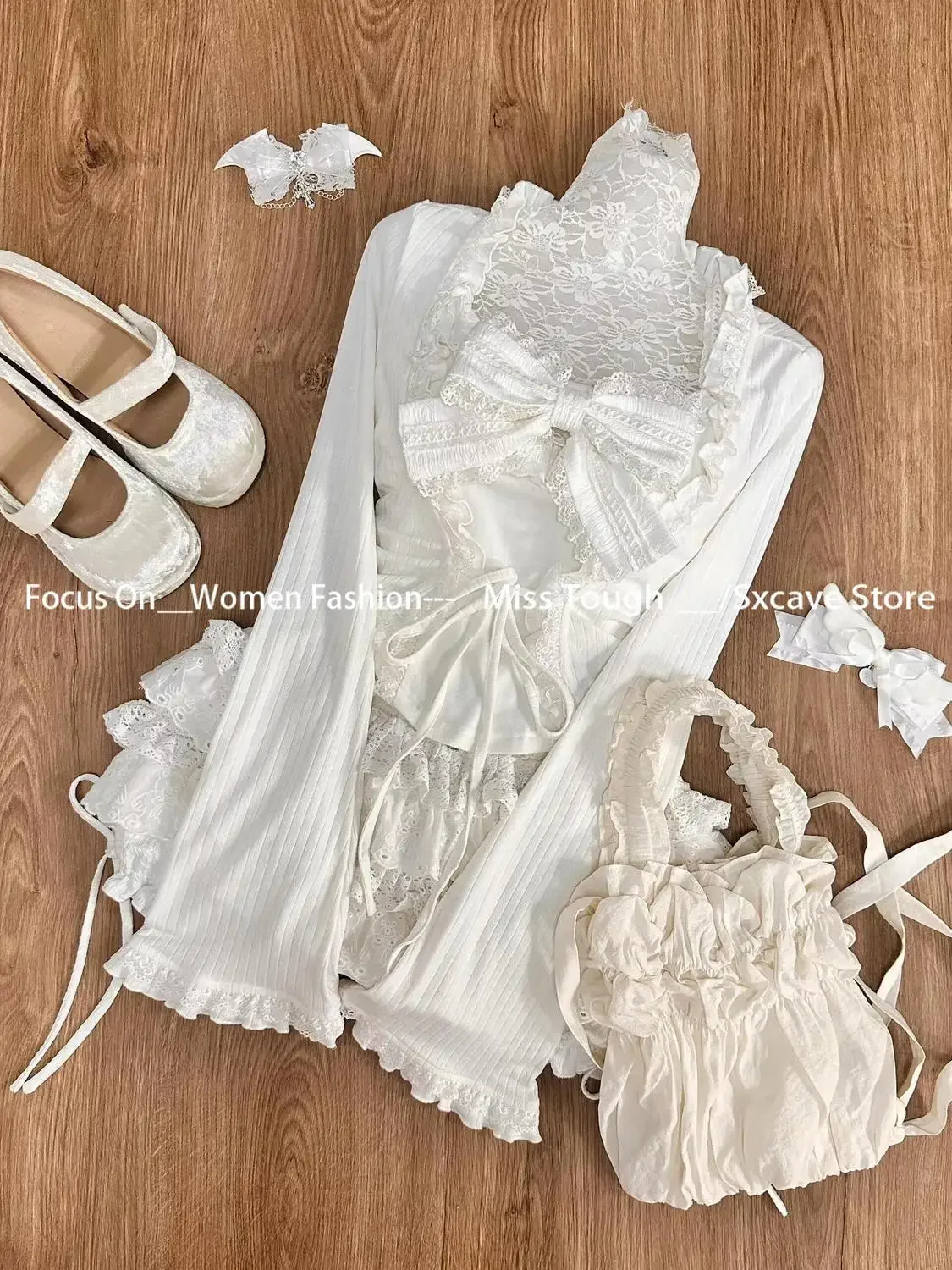 Kawaii костюмы женский кружевной корсет с бантом блузка пальто + юбки-торты японский