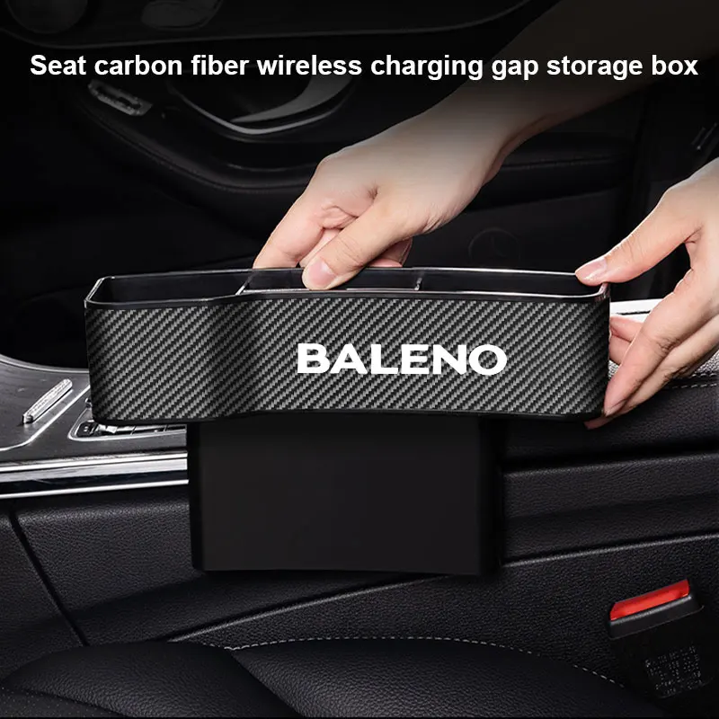 

Car Carbon Fiber Seat Gap Filler Organizer With Cup Holder With Wireless Charging For Suzuki Baleno car Accessories