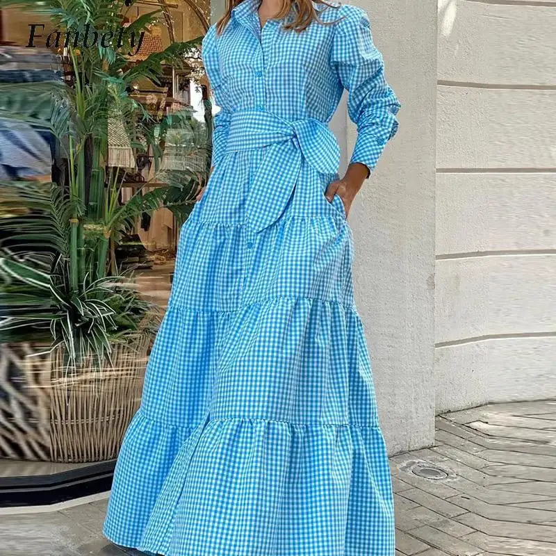 

Elegant Spring Plaid Lapel A-Line Shirt Dress Women Lace-Up Bow High Waist Maxi Dress Ladies Buttoned Pleated Ruffle Party Dress