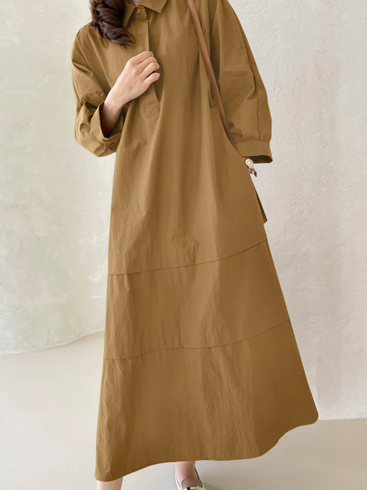 

Женский Осенний сарафан ZANZEA, Элегантное Длинное Платье-рубашка, модное однотонное платье-трапеция с отложным воротником и длинным рукавом, ...