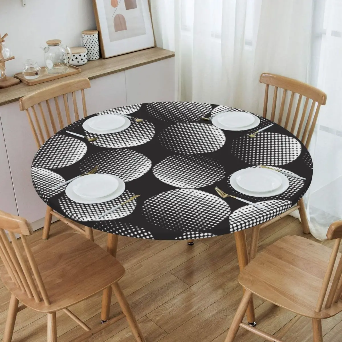 

Round Fitted Monochrome Dots Art Table Cloth Oilproof Tablecloth 40"-44" Table Cover Backed with Elastic Edge