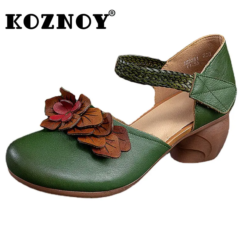 

Koznoy 5cm New Women Moccasins Cow Genuine Leather Ladies Females Sandals Low Heels Appliques Summer Soft Soled Hook Comfy Shoes