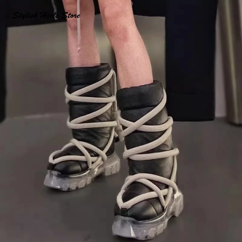 Стильные сапоги до середины икры на толстой подошве со шнуровкой для женщин
