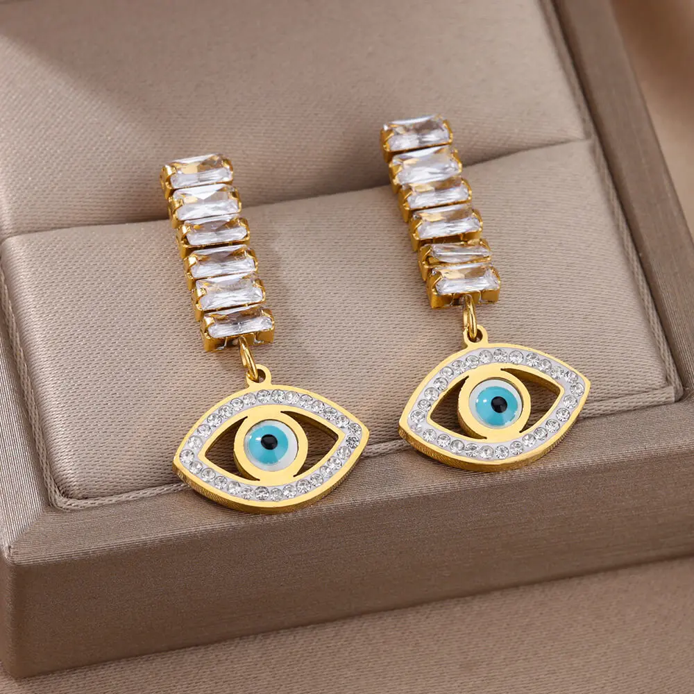 

Goth Zircon Devil Eye Earrings For Women Stainless Steel Turkish Lucky Blue Evil Eye Pendant Drop Earring Jewelry Christmas Gift