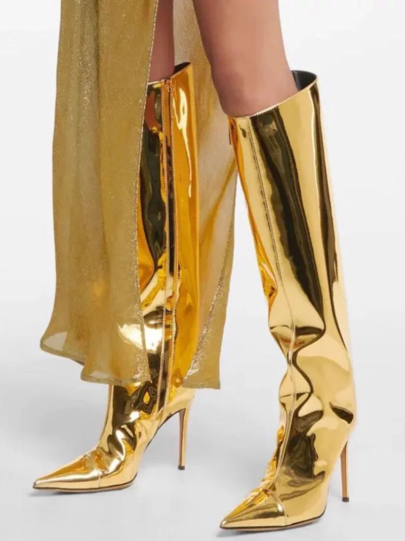 Europe and America 2023 New High Heel Pointed Laser Phantom Lacquer Leather Stage Performance Fashion Large Size Women's Boots