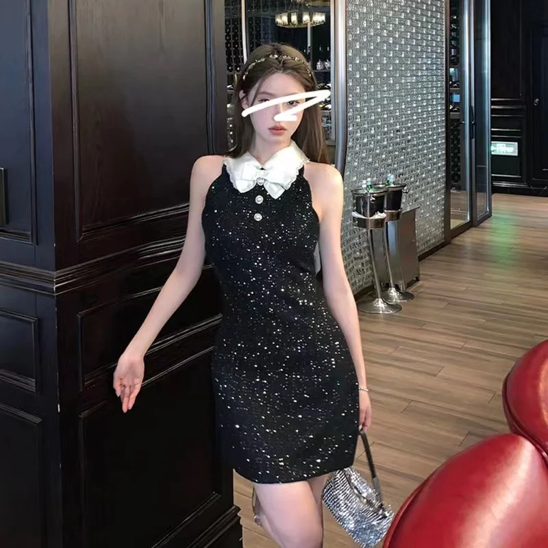 

High Street Summer New Fashion 2023 Women Scxy Peter Pan Collar Pearls Button Sequins Beading Panelled Black Elegant Mini Dress