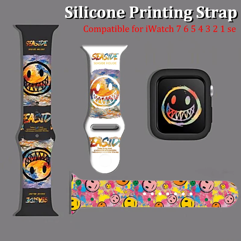 

Soft Silicone Watchband For Apple Watch 7 41mm 45mm 44mm 42mm 40mm 38 Smiley Print Band For iWatch SE 7 6 5 4 3 2 Strap Bracelet