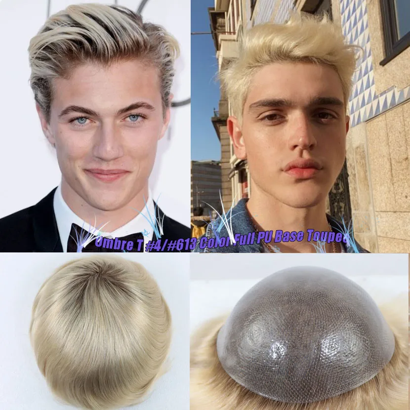 #4 Dark Brown Roots #613 Platinum Blonde Ombre Human Hair Men's Full PU Base Toupee 8x10inch Light Blonde Hair System Prosthesis