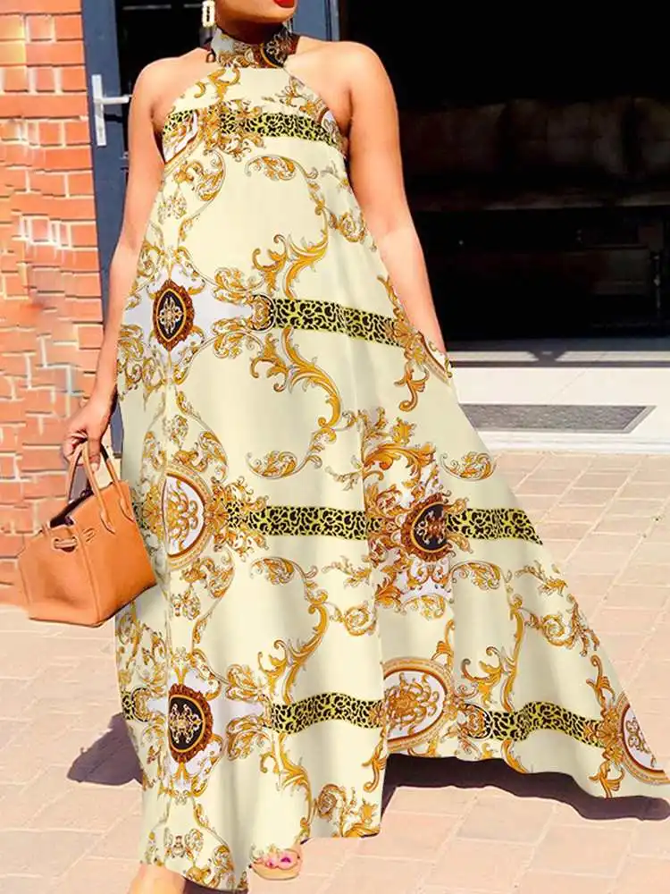 

Summer Women Maxi Sundress VONDA Bohemian Halter Dress 2023 Fashion Sexy Off Shoulder Sleeveless Casual Beach Party Robe Femme