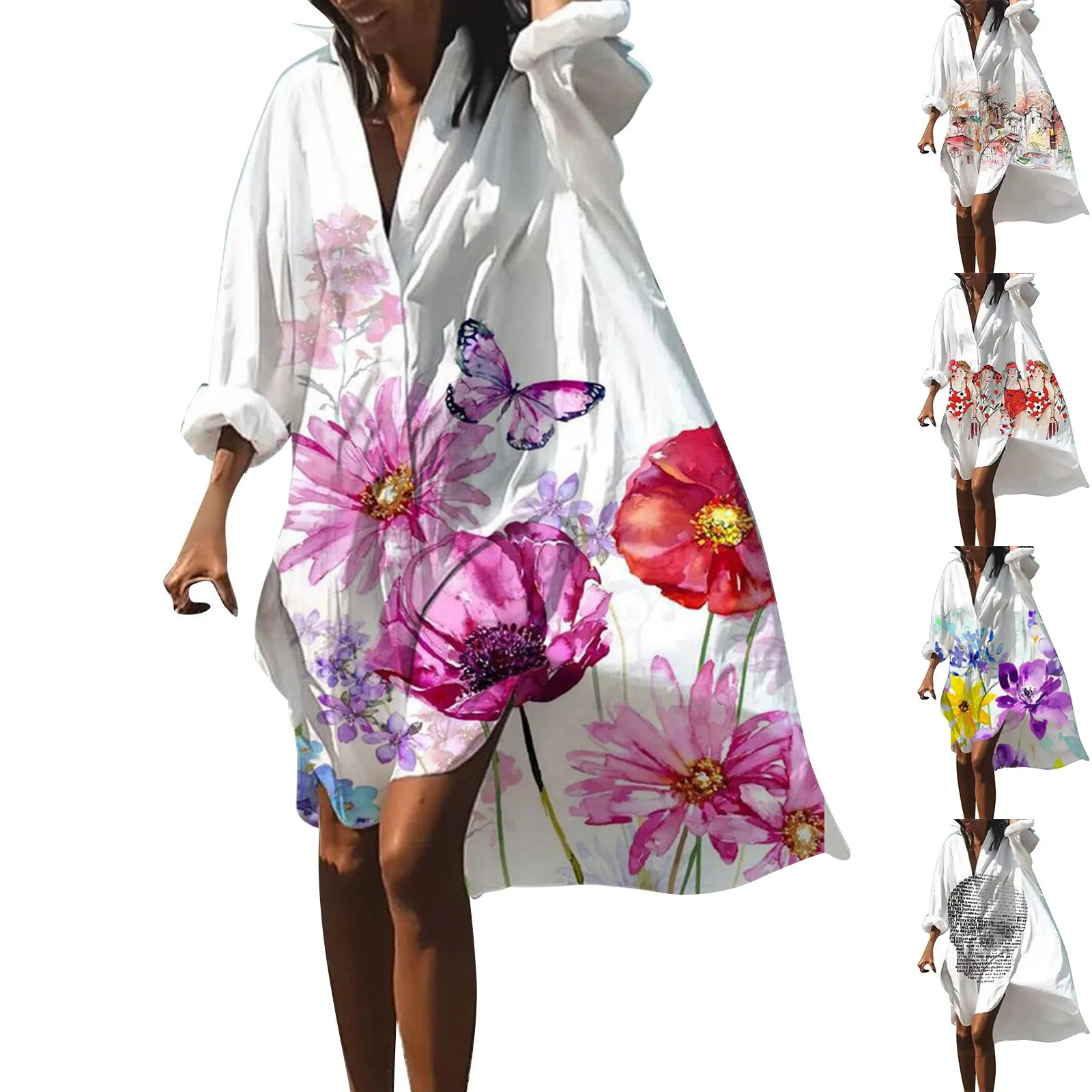 

Women Summer Bohemian Dress Casual Printed Shirt Dress Fashion Long Sleeve Beach For Women Hawaiian Cover Ups Loose Dresses