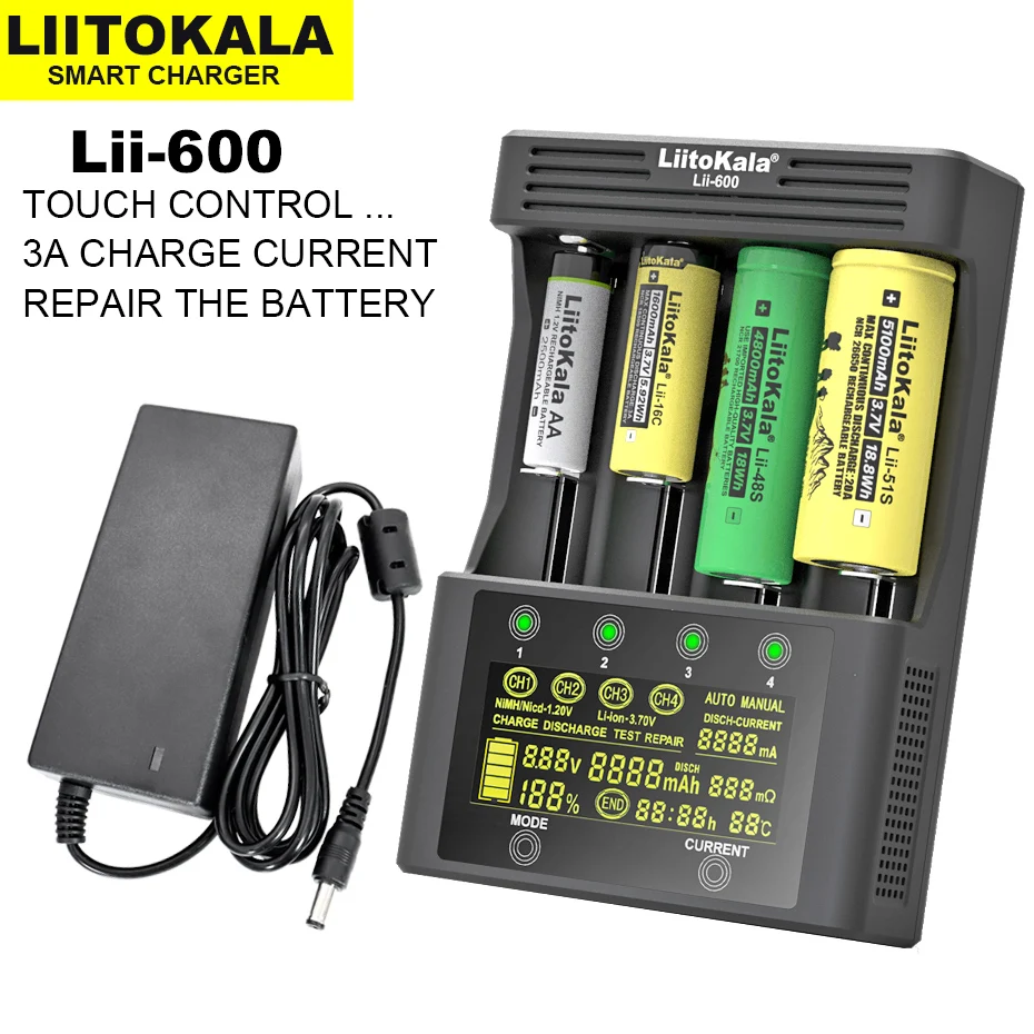 LiitoKala Lii-600 Lii-500S Lii-500 Lii-M4 Smart Charger for 3.7V/1.2V 18650 17500 21700 26650 AAA AA and test battery capicty
