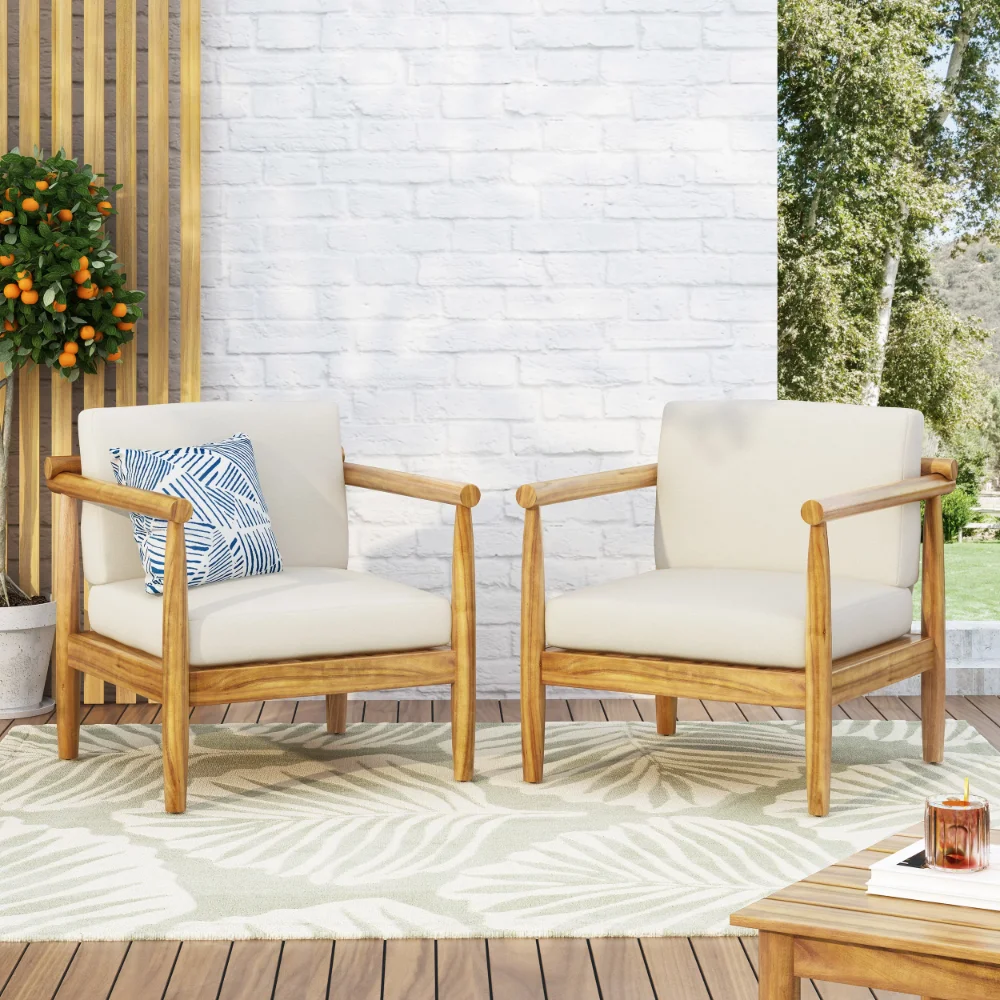 

Arimo Acacia Wood Outdoor Club Chair with Cushion, Set of 2, Teak and Cream