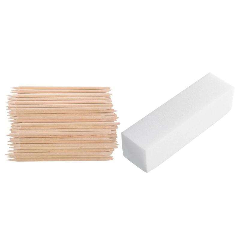

100 X Wooden Stick With Lace Nail Art Nail Care Skin Color & 12 Pieces Polishing Sending Buffer Block Files Foam