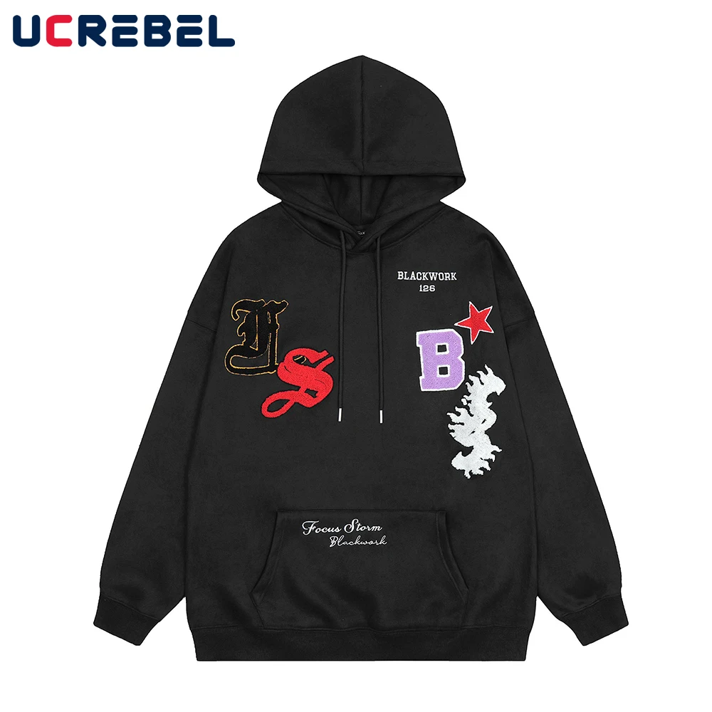 

Letter Towel Embroidery Hoodies Mens Pocket Loose Casual High Street Long Sleeve Autumn Winter Fleece Sweatshirts Men