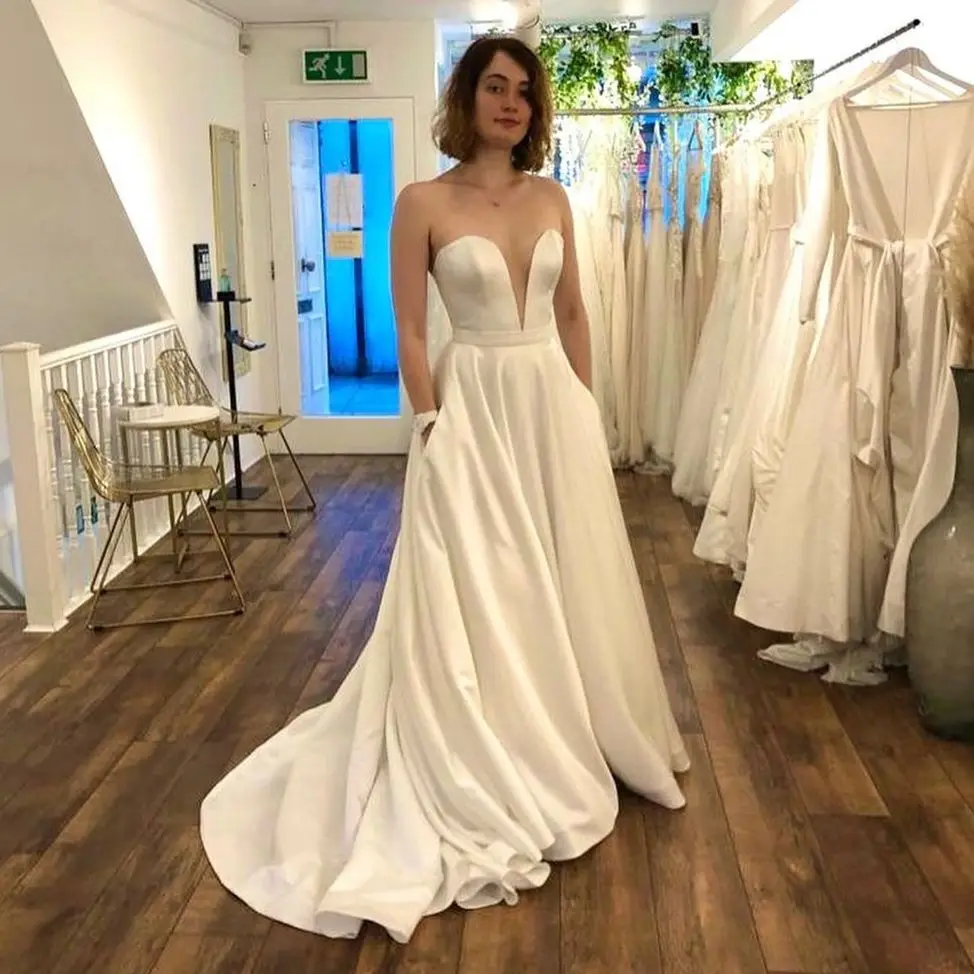 

Простое свадебное платье до пола со шлейфом, 2022, с карманами