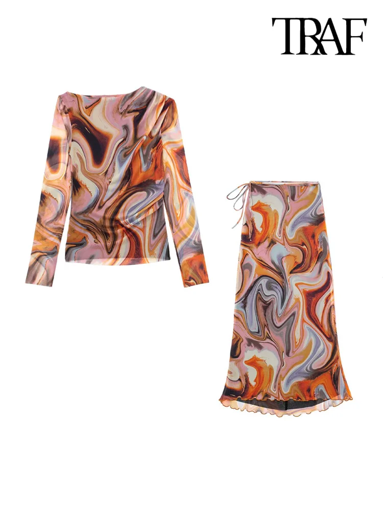

TRAF Women Fashion With Draped Printed Tulle Blouses And High Waist With Tied Skirts Female Two Piece Sets Mujer