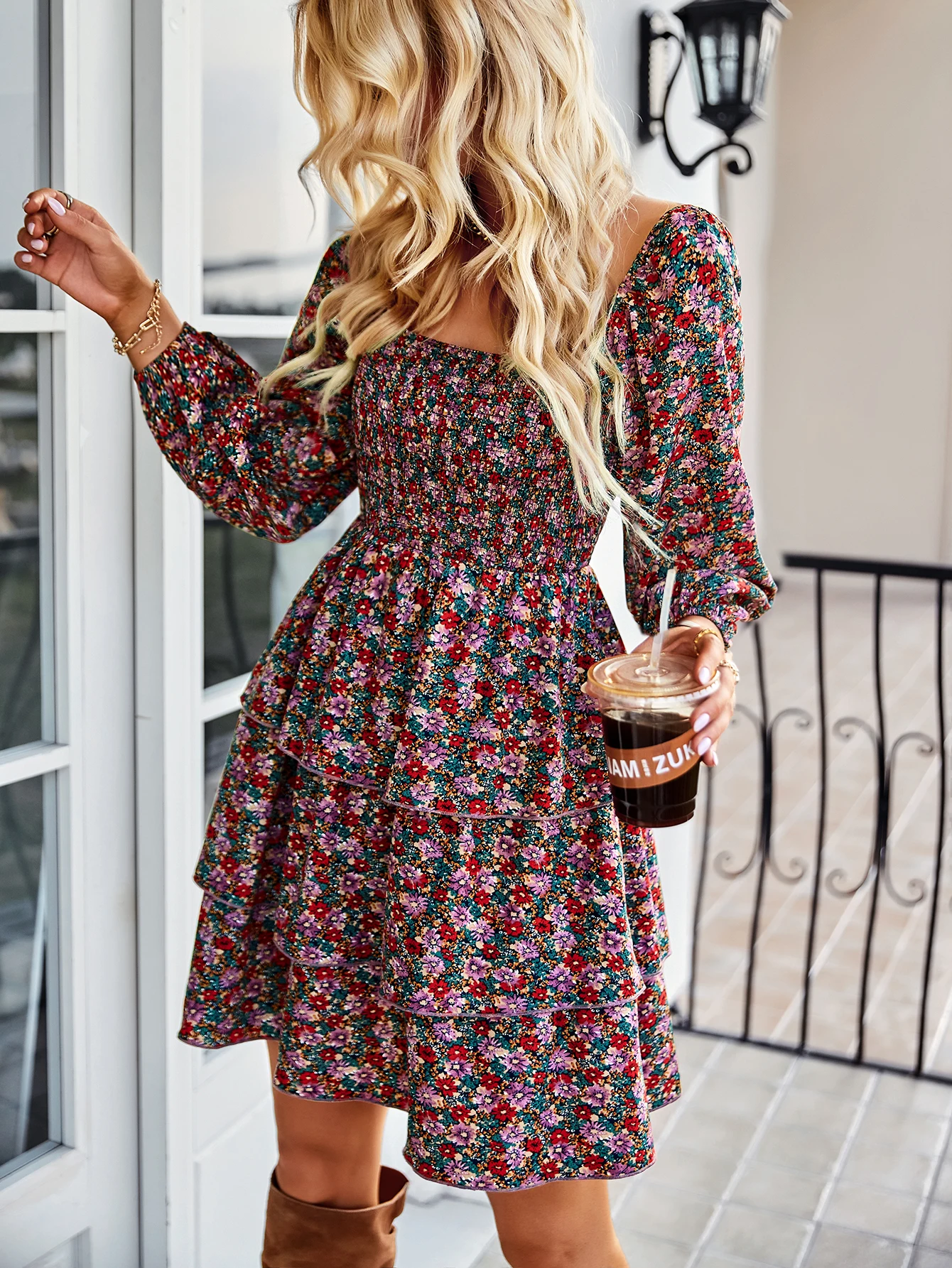 2022 Floral Dress Women Lantern Long Sleeve Ruched Print A Line Square Neck Tie Up Mini Sexy Chic Long Sleeve Summer Beach Dress images - 6
