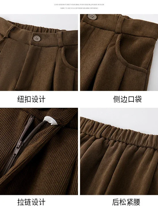 Женские вельветовые брюки цвета хаки с флисовой подкладкой весна 2024 широкие