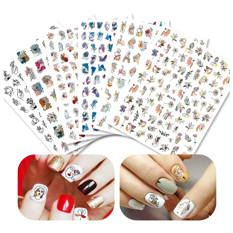 

Back Glue Stickers Handwrite Lady Faces Flowers Leaves Colorful Paintings Nail Decals Decoration For Nail Art Manicure Beauty