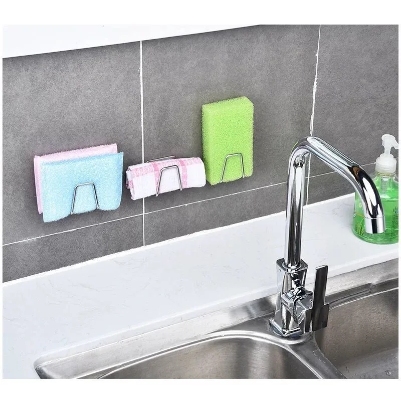 kitchen stainless steel sink sponges holder self adhesive drain drying rack kitchen wall hooks accessories storage organizer new free global shipping