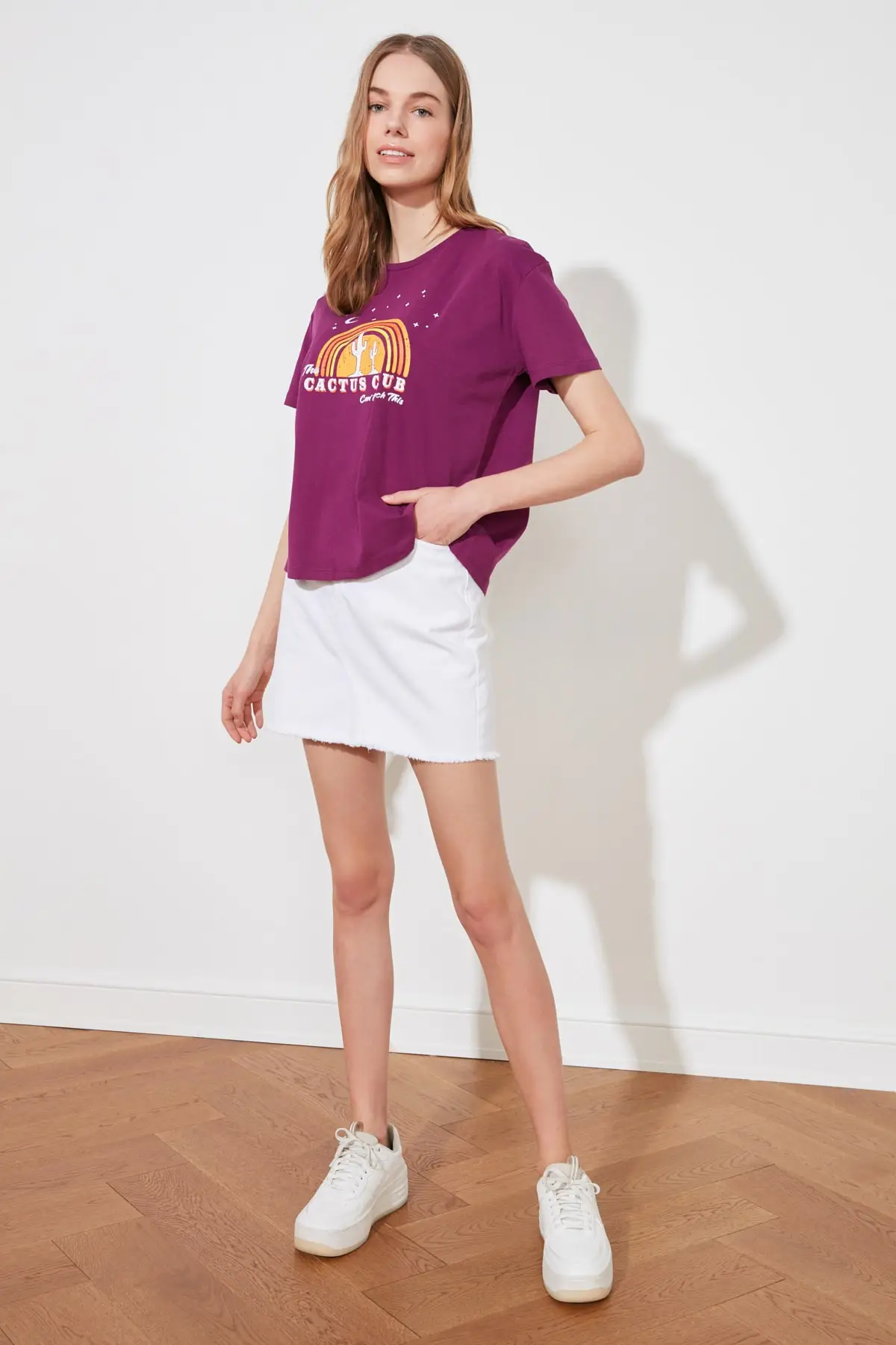 

Purple Printed Semi Fitted Knitted T-Shirt