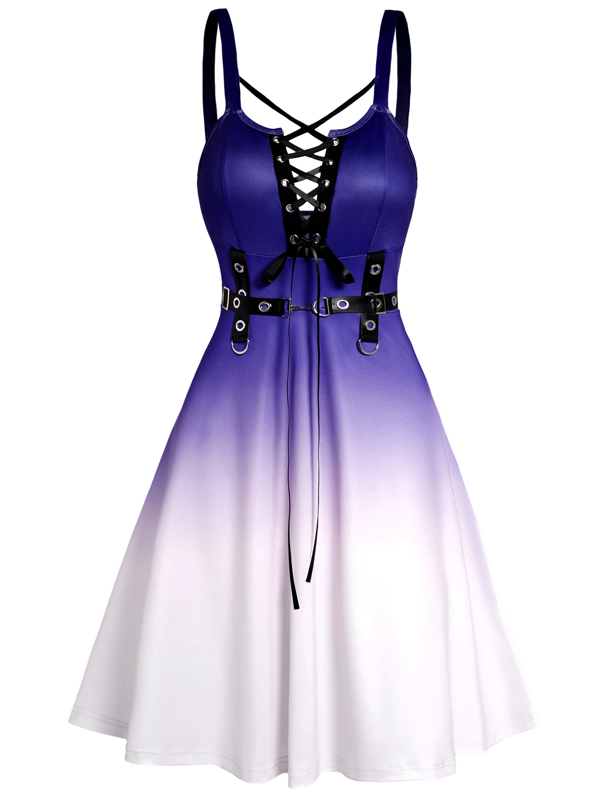

Dressfo Sleeveless Gradient Purple Dress For Summer Women Lace Up Crisscross Grommet High Waisted Straps Mini Dress