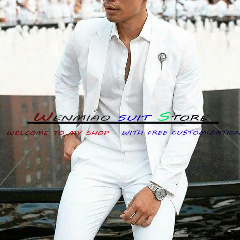 White Men's Suit Fitting Jacket Summer Business Office Workwear Formal Wedding Tuxedo Groom Blazer Pants 2 Piece Set