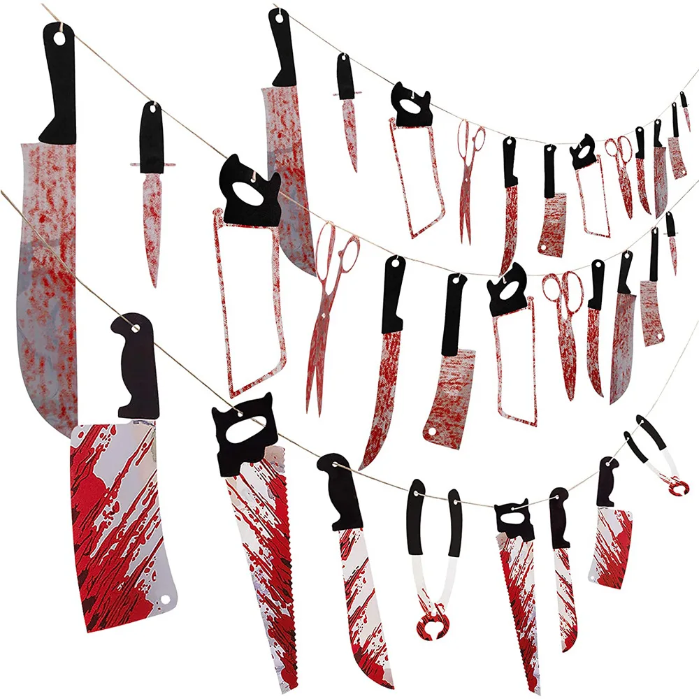 

12pcs/lot Halloween Plastic Blood Knife Tools Sets Horror Spooky Haunted House Hanging Knife Garland Banner Halloween Decoration