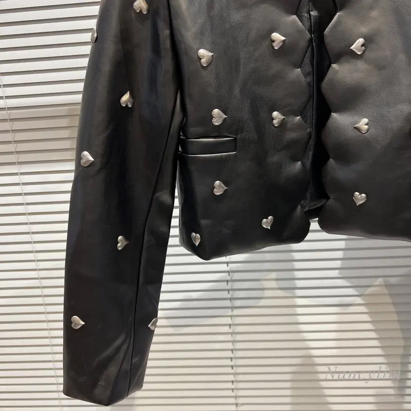 2022 Autumn New Love Rivet Wavy Edge Padded Shoulder PU Leather Jacket Coat Women Short Design enlarge