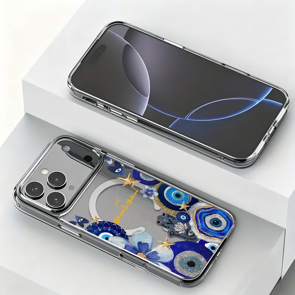 Фото Синий чехол для телефона с узором «Злой глаз» и цветами для iPhone 17, 14, 15, 16, 11, 12, 13 Pro Max, 17 Air, 15, 14, 16 Plus, 15, 17, 16 Pro, магнитный, из ТПУ №5