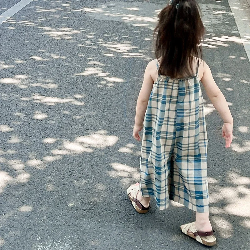 

2023 Casual Clothes Child Girl Summer Plaid Pants Korean Style Jumpsuit For Kids Suspender Cotton Trousers From 2 To 7 Years