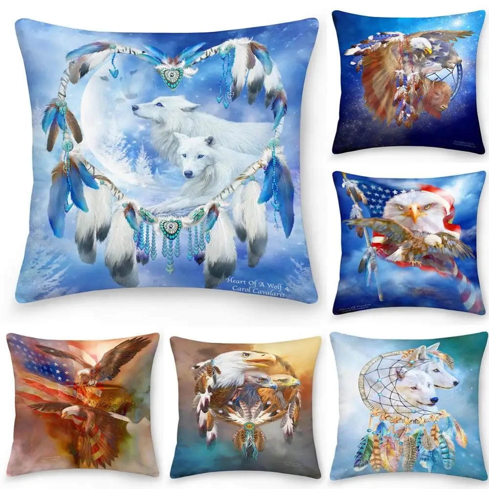 Двухсторонний чехол с изображением Ловца снов волка орла подушки персиковая