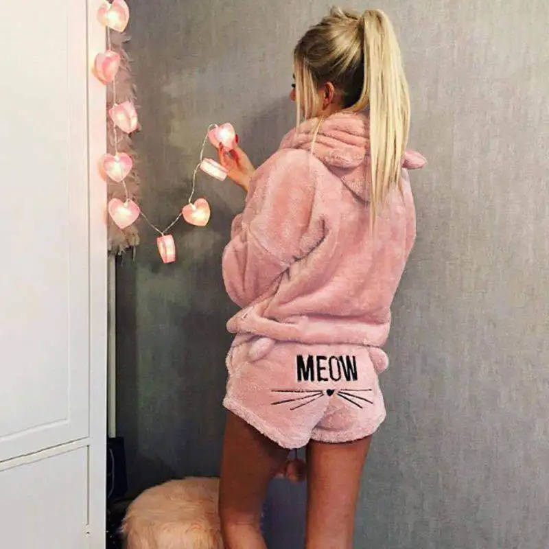 Autumn Winter Women Pajamas Suit Fur Long Sleeve Sleepwear Flannel Warm Velvet Cute Tops And Shorts Sleep Homewear