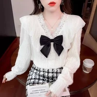 korean white wild urban casual chiffon office wear bow woman v neck long sleeve fashion aesthetic blouse 2022 spring summer top
