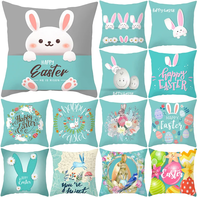 

Easter Sunday Bunny Printed Cushion Cover 18x18 Inch Farmhouse Home Holiday Decor Pillow Cover Cartoon Rabbit Eggs Pillowcase