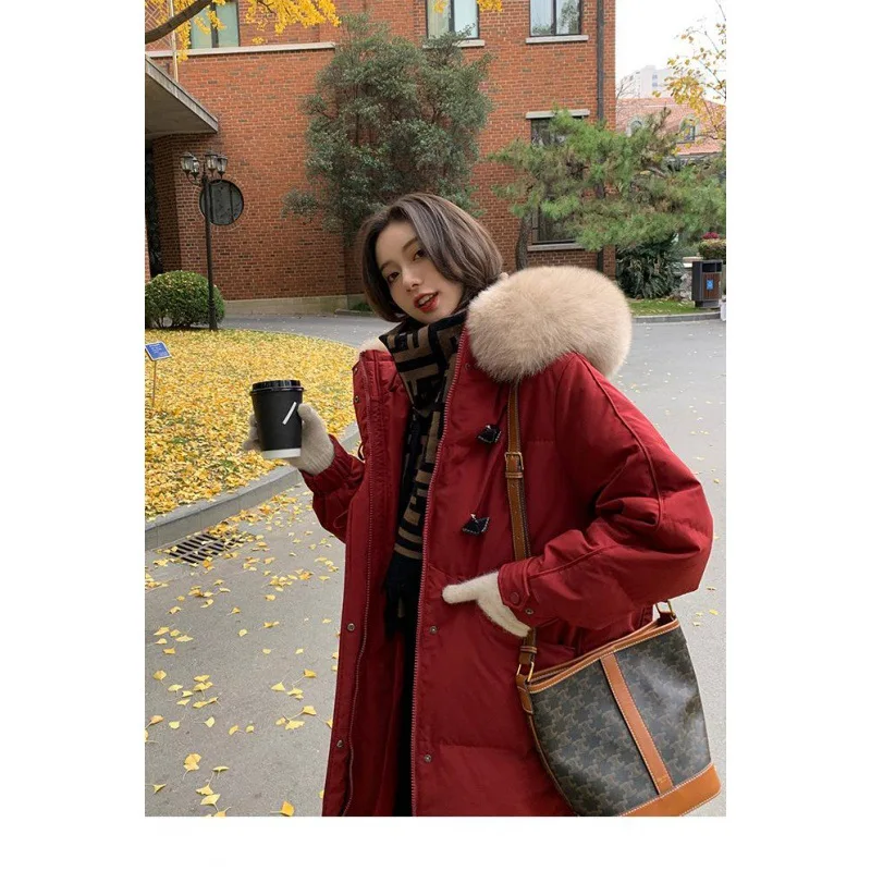 Korean Fashion Loose Hoodie Down And Cotton Coat Women Knee Length Hooded Jacket Thicken Warm Winter Oversize Overcoat Fur Hat