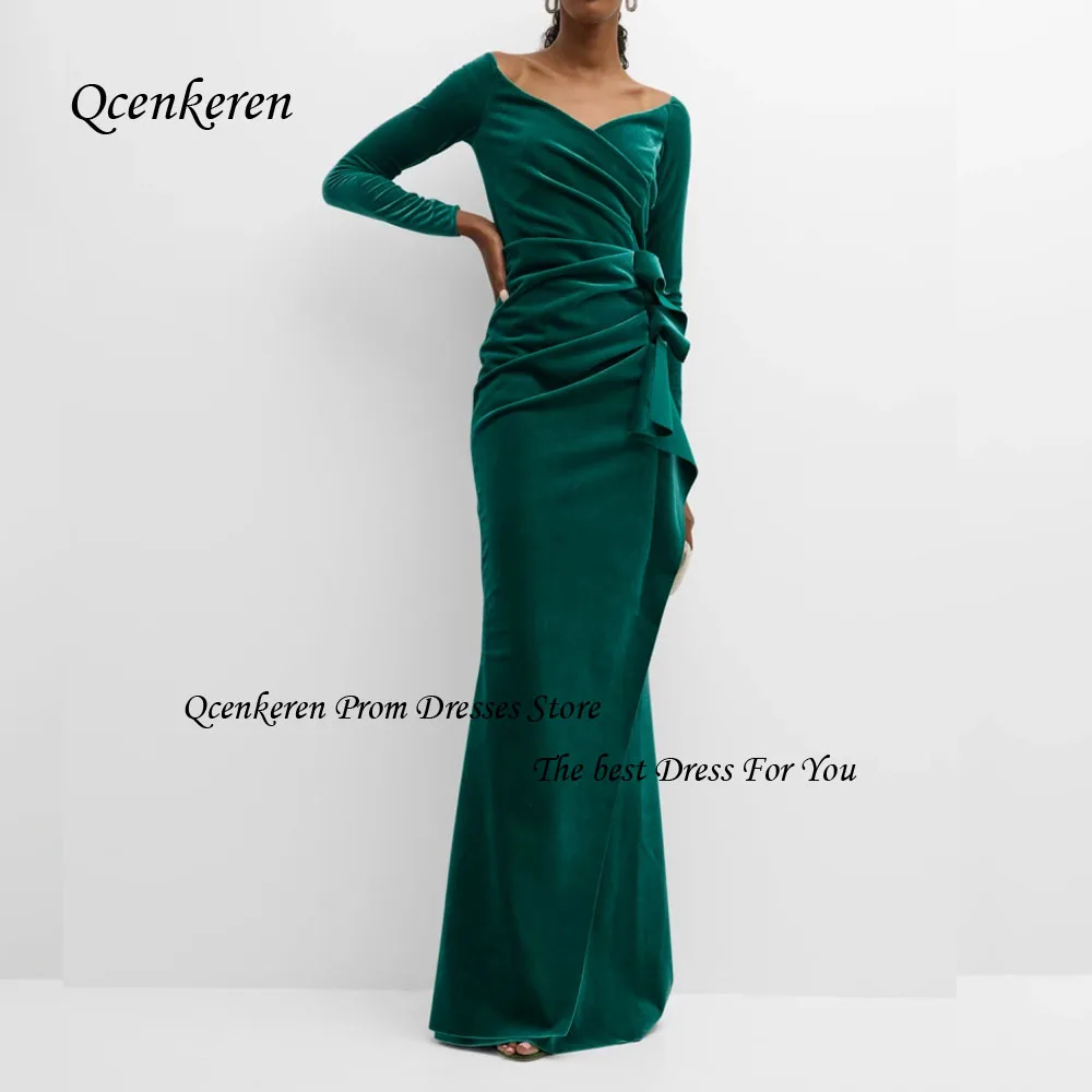 

Темно-зеленое платье Qcenkern с V-образным вырезом для выпускного вечера, официальное вечернее платье до пола, шикарные платья из искусственной кожи Дубая с длинным рукавом