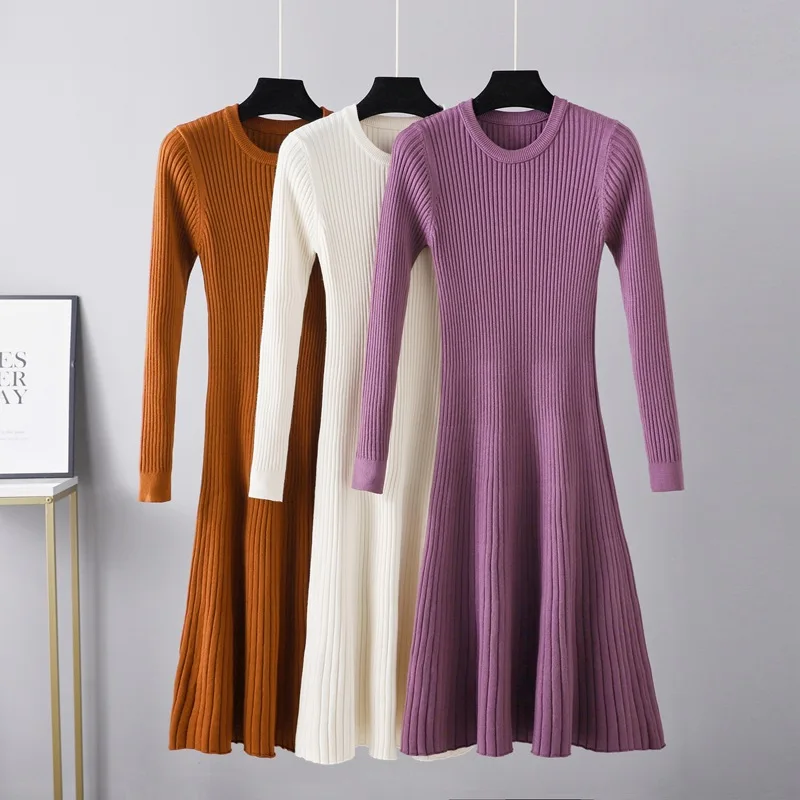 

HLBCBG Chic Autumn Winter Sweater Dress Women O-neck Long Sleeve A Line Thick Knit Mini Dress Female Girl Short Bodycon Dress