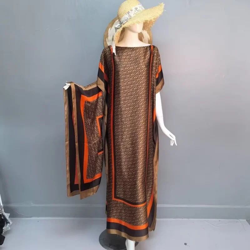 Фото 2025 neue Art Mode übergroße afrikanische Frauen Kleidung Dubai Dashiki Abaya Free Size Print Design mit Schal lockers langes K №3