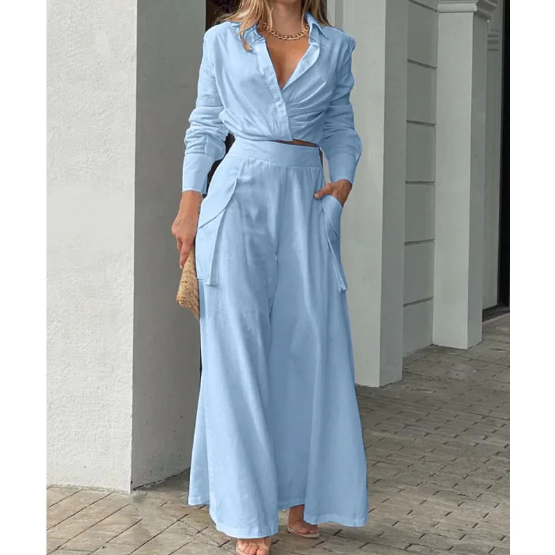 

2022 Loose Suits Work Streetwear Y2k Piece Set Women Vintage Boho Print ShirtOutfitsTwo Commuter Wide Leg Pants Summer Casual
