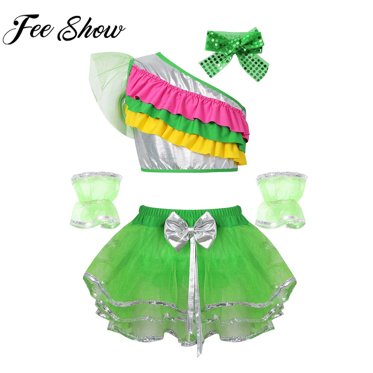 

Kids Girls Cheerleading Outfits Sleeveless Crop Top with Mesh Skirt Cuffs Headband Sets Children's Day Party Stage Show Costume