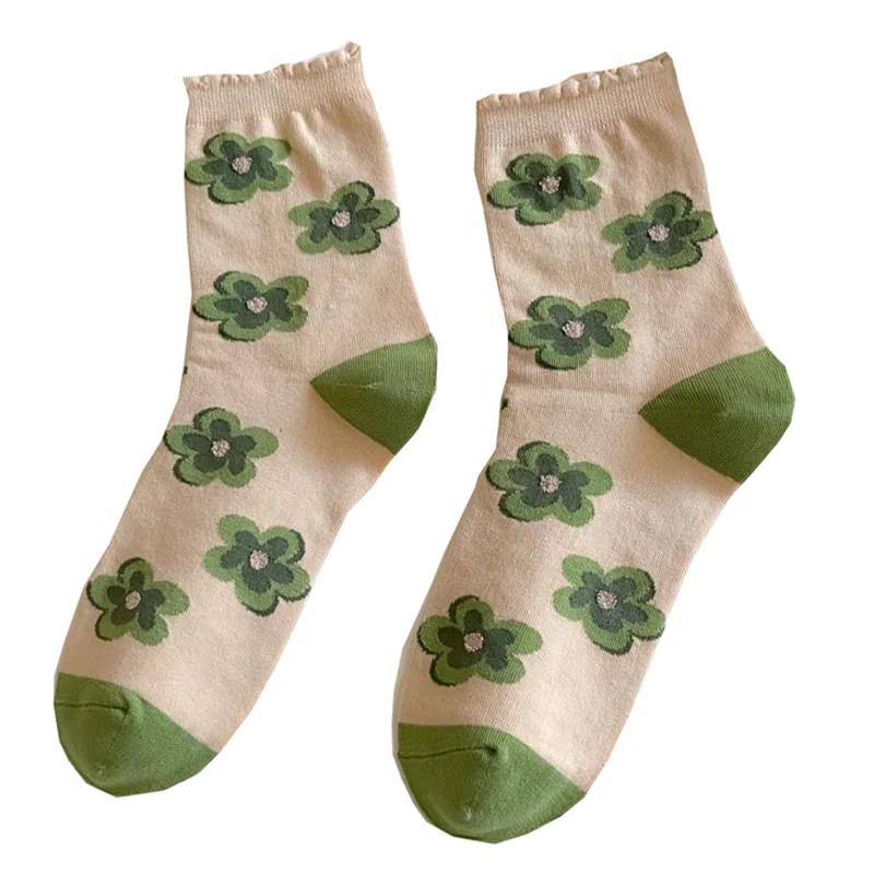 5 Pairs Green Flowers Fashion Women Socks Kawaii Long Winter Cotton Socks Print Soft Comfortable Street Style Female Leg Warmers