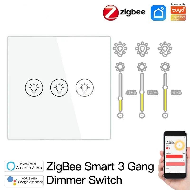 

Aubess ZigBee Smart Multi-gang Light Dimmer Switch Independent Control Smart Tuya APP Control Works With Alexa Google Home