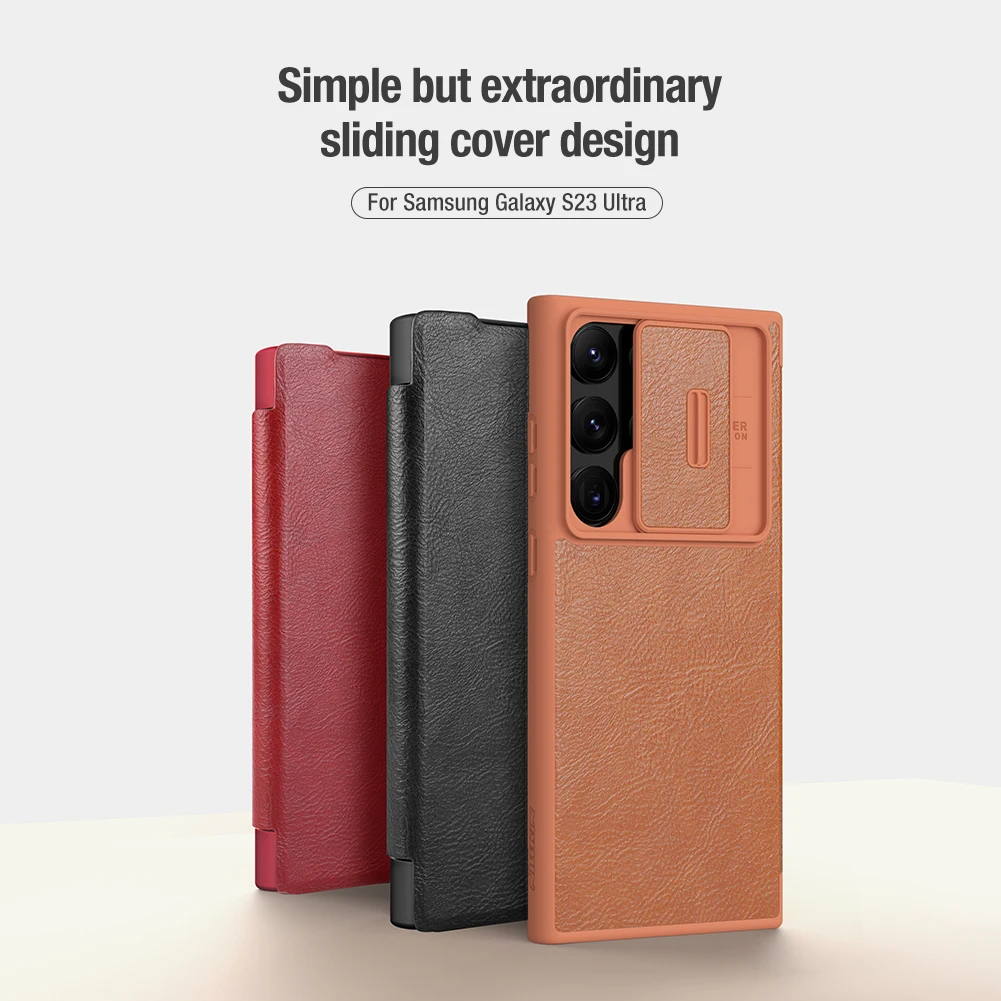 Nillkin Qin Pro Flip Leather Case for Samsung Galaxy S23 Ultra / S23+, Business Lens Sliding Cover with Card Slot Back Cover