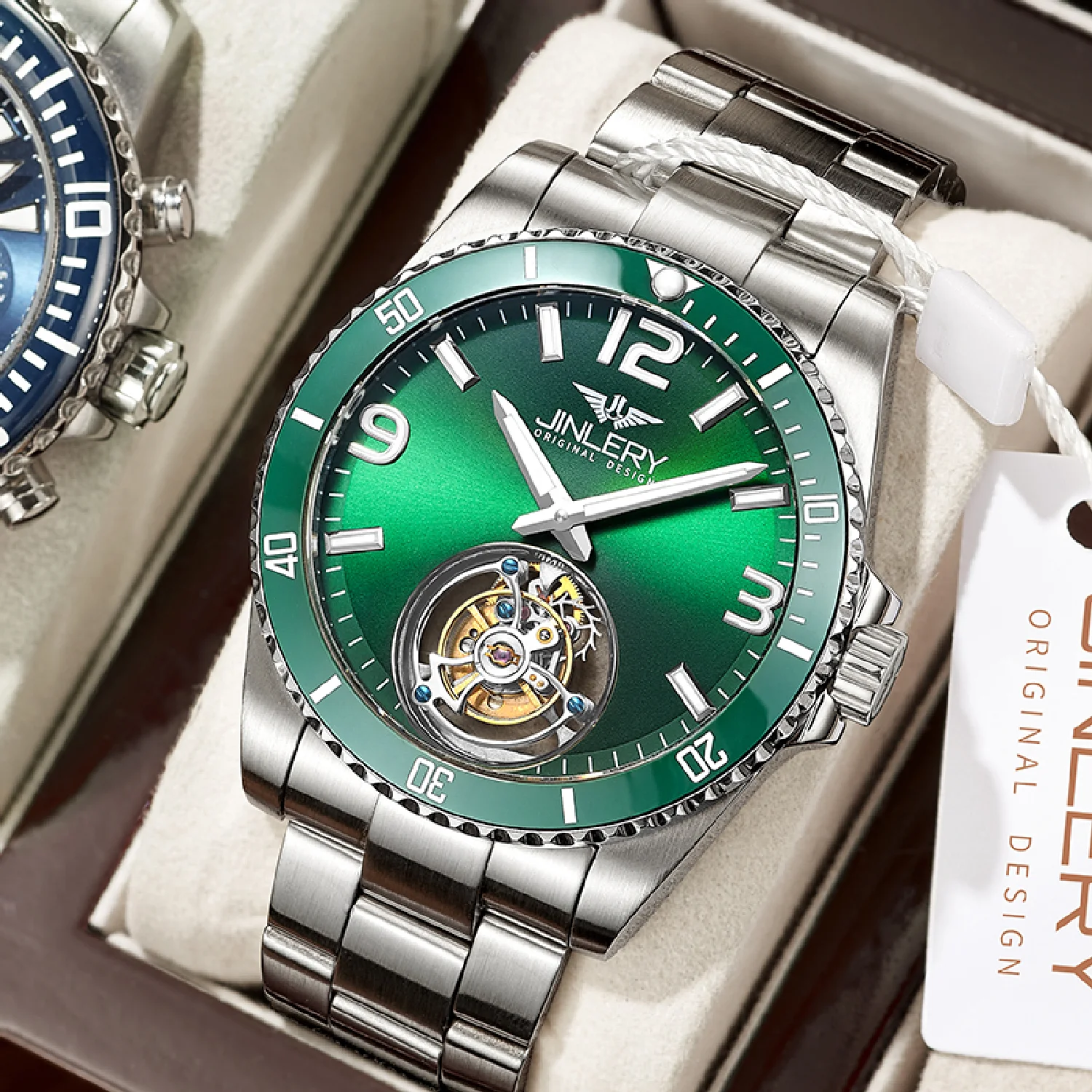 

JINLERY Green Water Tourbillon Watch Ghost Luxury Wristwatch Automatic Hand Wind Watch Sapphire Glass Watches Relogio Masculino