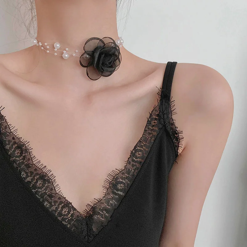 

Necklace French Vintage Super Fairy Temperament Gauze Flower Multi-layer Fishline Pearl Clavicle Chain Choker Girl Personality