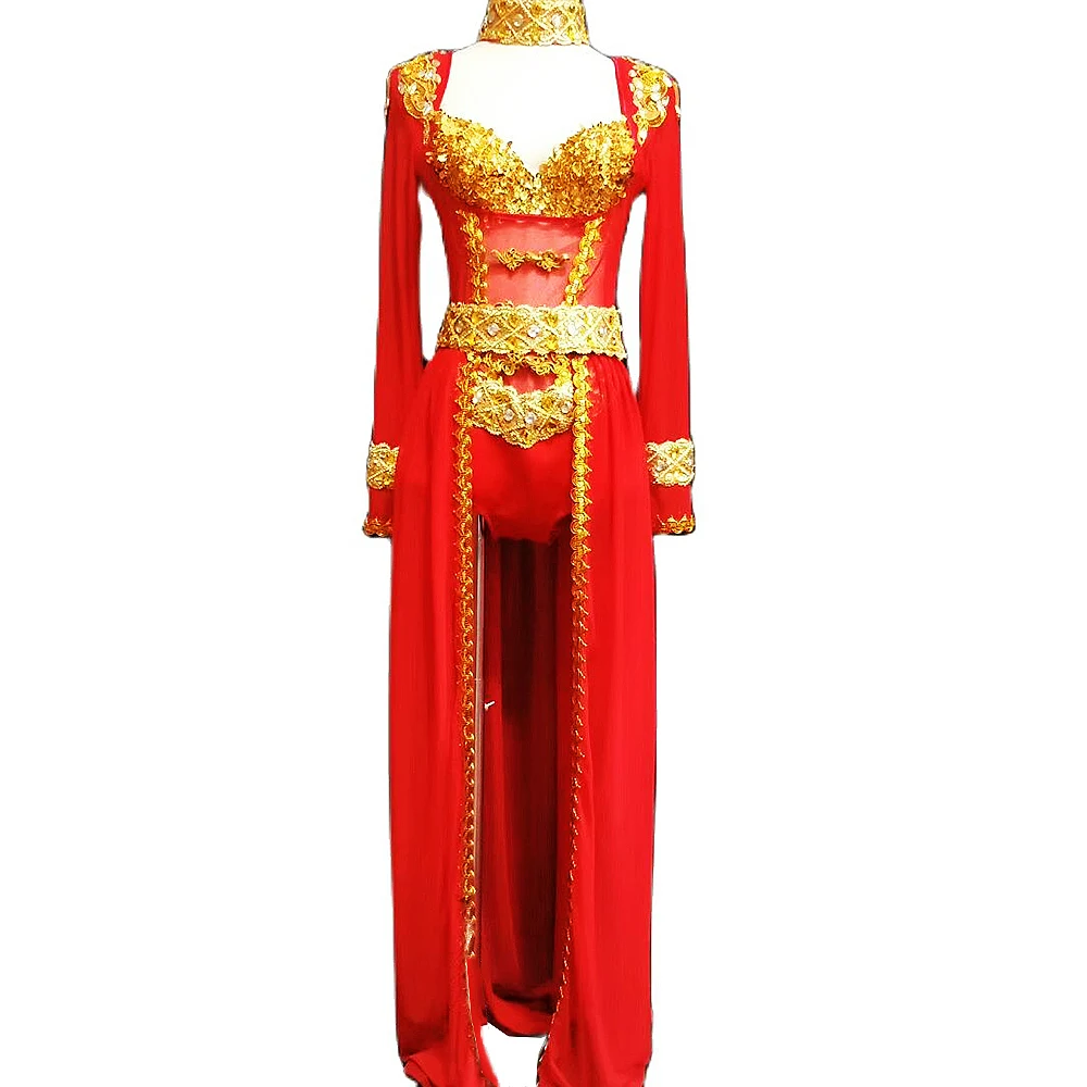 

Red Long Sleeve Tailing Coat Sparkly Sequin Gold Diamonds Women Leotard Nightclub Singer Dancer Performance Stage Wear